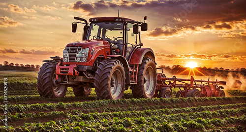 A red tractor diligently plows a fertile field, preparing the soil for cultivation and planting in a vibrant agricultural scene