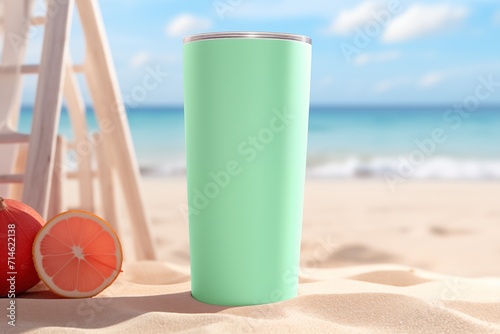 Closeup of a pastel green color 30oz extra tall tumblers product mockup on a beach 