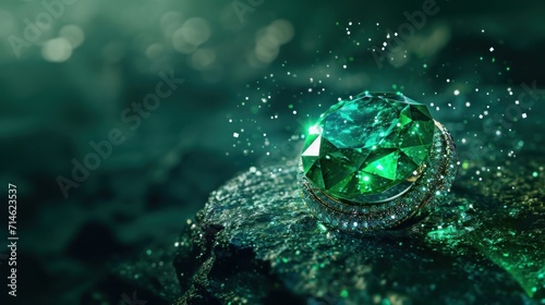 A sparkling and iridescent emerald ring, pure dark background, Dreamlike atmosphere, wallpaper, 