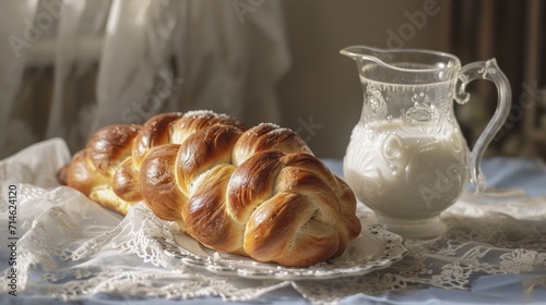  a couple of croissants sitting on top of a plate next to a jug of milk and a glass of milk on a lace doily table cloth.