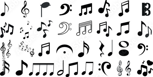 Musical notes vector icons, black symbols, white background. Melody, harmony, music design elements for web, app. Elegant style, treble, bass, quarter, eighth, sixteenth notes