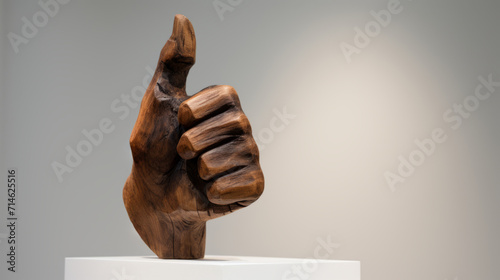 Sculpture of the Hand made of wood shows a thumb up. The hand shows like in the museum. Modern art object 