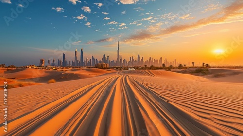 Dubai skyline on the horizon of a sand and dune landscape with tire tracks from a 4x4 vehicle during safari excursion. Blue sky at sunset