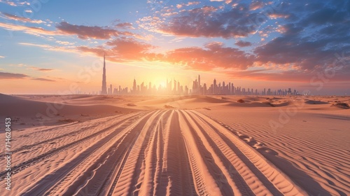 Dubai skyline on the horizon of a sand and dune landscape with tire tracks from a 4x4 vehicle during safari excursion. Blue sky at sunset