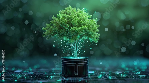 Tree growing on digital plant pot. Eco Technology and Technology Convergence. Green Computing, Green Technology, Green IT, csr, and IT ethics Concept