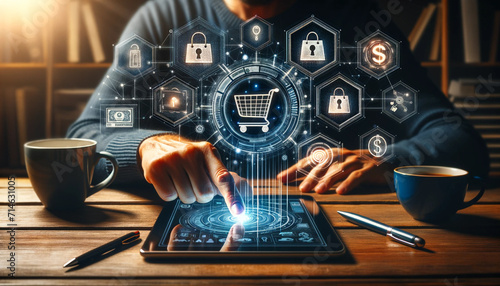Online Shopping and Digital Payment System Concept. pic showcasing a person's hand using a tablet with digital icons floating above, symbolizing online shopping and modern digital banking transaction