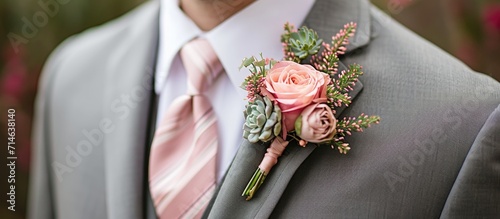 Photo of a man in gray suit, white shirt, pink tie with stripes, wearing boutonniere with pink flowers and succulent.