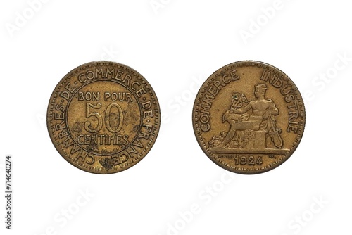 50 Centimes 1924 Chambers of Commerce. Coin of France. Obverse Mercury, the god of commerce (god of abundance and commercial success) with the date below. Reverse Denomination in center, lettering sur