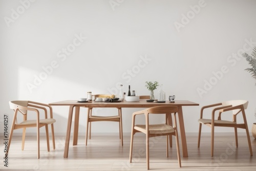 Interior home design of modern dining room with wooden table and chairs with empty wall copy space