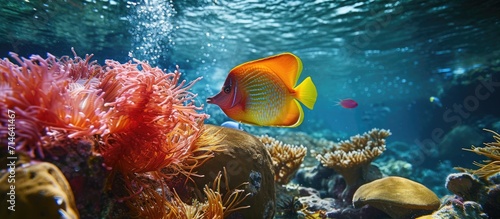 Underwater marine life, including tropical fish and coral reef, captured through underwater photography.