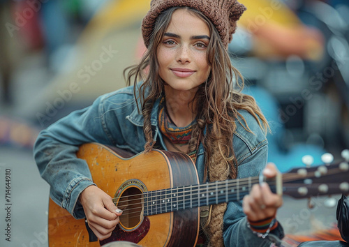 Happy beautiful female street musician singer with acoustic guitar making beautiful music on city streets.Macro.AI Generative.