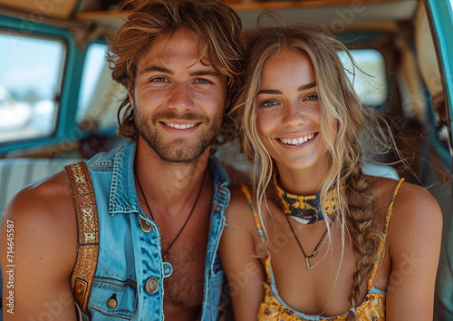 Young hippie couple inside vintage van on beach on road trip vacation.Macro.AI Generative.