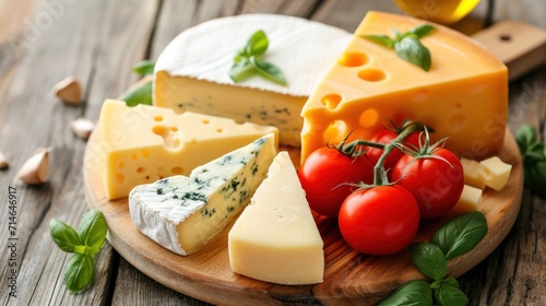  a variety of cheeses and tomatoes on a wooden platter with basil leaves and a bottle of olive oil on the side of the cheese is on a wooden board.