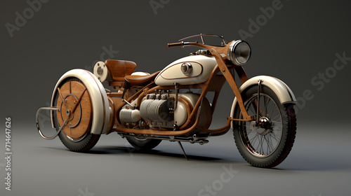 A 3D model of a vintage motorcycle with a sidecar.
