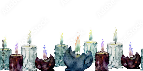 Hand drawn watercolor sea witch altar objects. Burning pillar and ball votive candles with flame, blue purple. Seamless banner isolated on white background. Design for print, shop, gothic, witchcraft