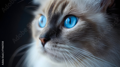 close up of a cat, stunning Ragdoll cat with striking blue eyes, highlighting its beautiful and captivating gaze