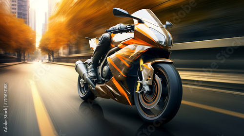 A photo-realistic image of a motorcycle in motion.