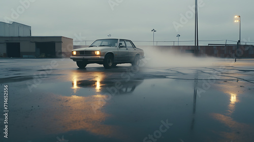 A video of a car drifting in a closed parking lot.