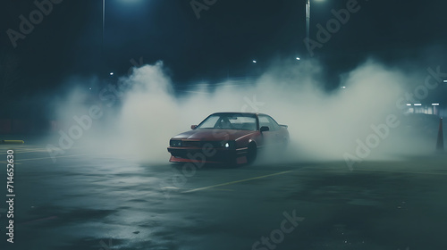 A video of a car drifting in a closed parking lot.