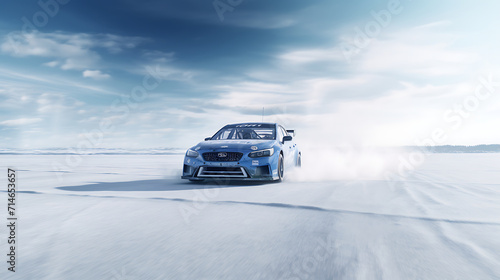 A virtual reality experience of driving a race car on a frozen lake.