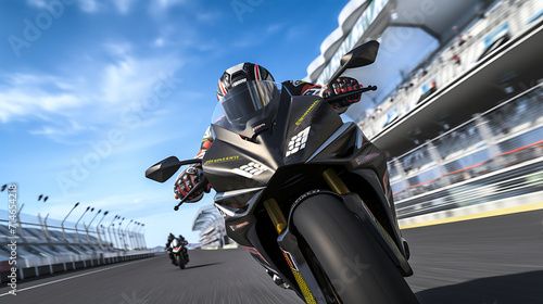 A virtual reality experience of riding a superbike on a race circuit.