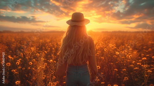  a woman standing in a field of sunflowers with the sun setting behind her and her back turned to the camera, with the sun shining through the clouds.