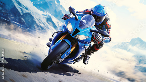 An image of a blue motorcycle racing down an open road.
