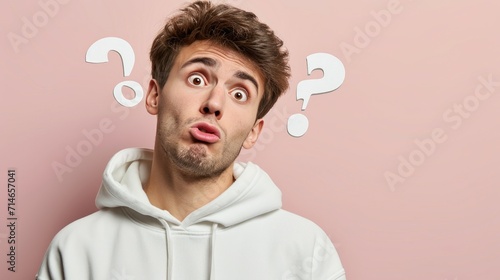 a magazine cover, minimalist photo, a man of 25 years old, wearing sweatshirt, question symbol, question gesture, worried FACE EXPRESSION, solid color, background, Arri style, clean background 