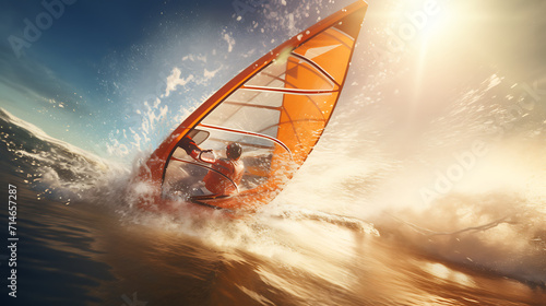 An orange windsurfing board in a high-speed race.