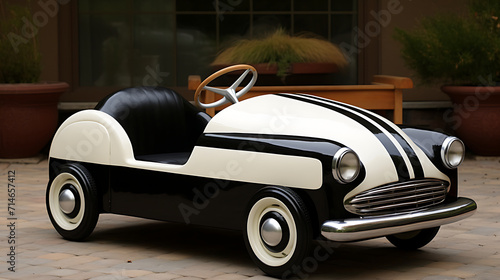 A black and white vintage pedal car from the 1950s.
