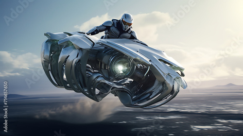 A futuristic silver hoverbike race in a sci-fi setting.