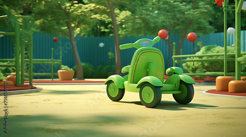 A green tricycle racing in a playground.