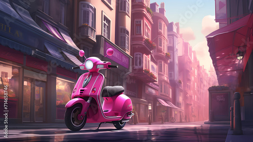 A pink scooter racing through a city street.