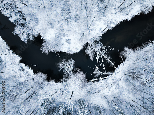 Top down view of Brda river and forest in winter.