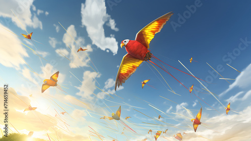 A red and yellow kite racing event in the sky.