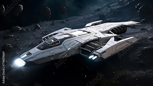 A silver futuristic space racer in an asteroid field.
