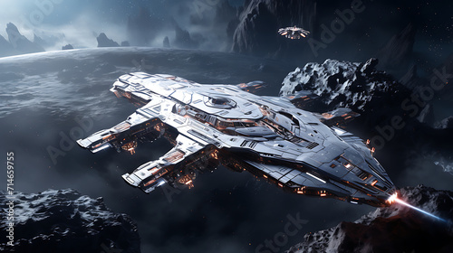A silver futuristic space racer in an asteroid field.