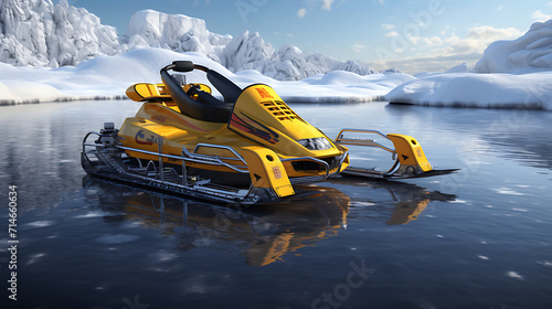 A yellow ice racing sled on a frozen lake.