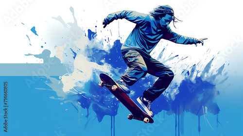 An image of a blue skateboarder performing tricks in a skate park.