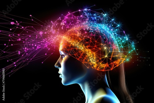 Colorful Brain Neuron synapses, neurotransmitters in cortex, neuroplasticity plasticity, cognitive functions contributing consciousness, intelligence, gray matter, hippocampus prefrontal cortex mind