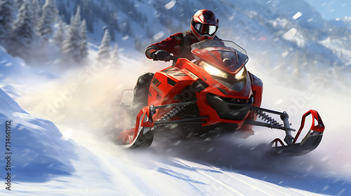 An image of a red snowmobile racing on a snowy trail.