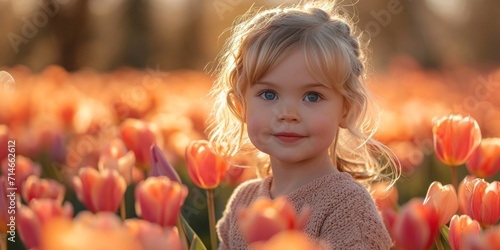 In a warm and sunny tulip field, an adorable toddler enjoys the beauty of spring.