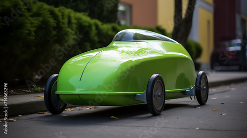 A green soapbox derby car in an urban downhill race.