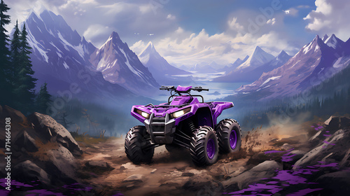 A purple ATV tackling a rocky mountain trail.