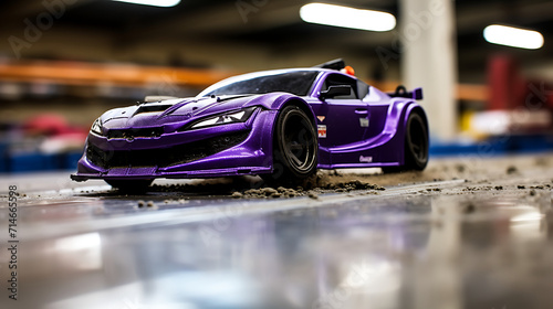 A purple radio-controlled drift car on a track.