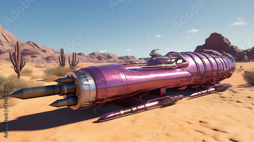 A purple rocket-powered sled in a desert test.