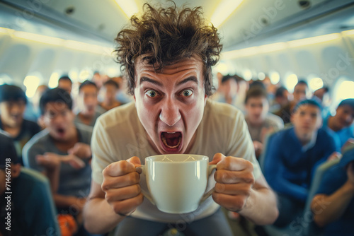 Man drinking coffee on airplane