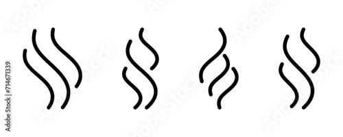 Set of linear black steam vector icons. Smell or aroma. Smoke or vapour signs. Odor symbol.