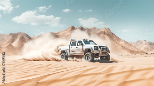 A white racing truck speeding through the desert.