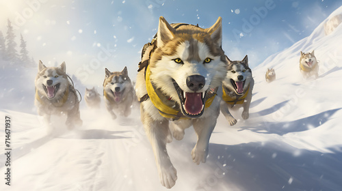A yellow dog sled race in a snowy landscape.